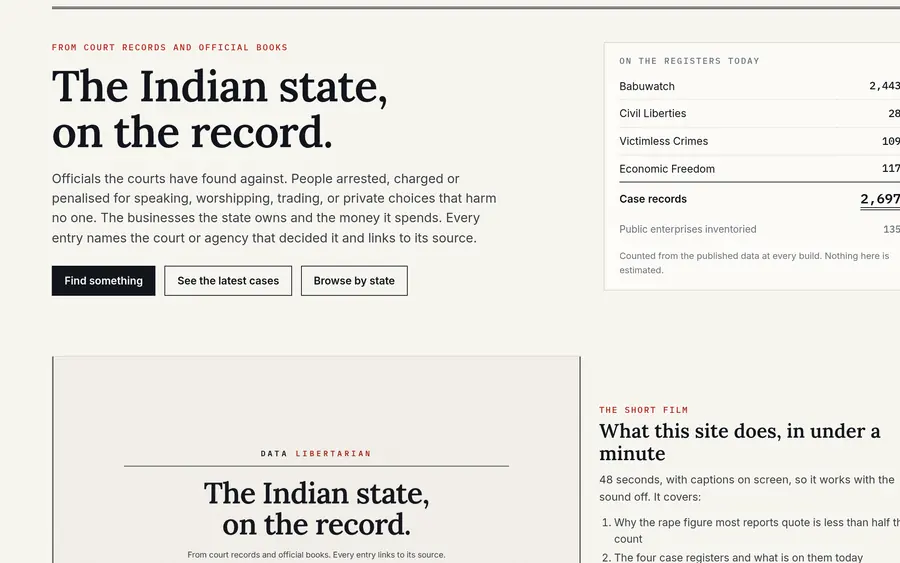 Data Libertarian’s homepage: “The Indian state, on the record”, beside a panel counting the case records on each register.