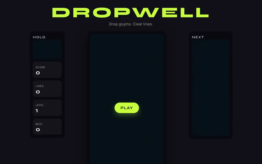 Dropwell’s start screen: an empty well with a Play button, between panels for the held piece, score, lines, level and the next pieces.