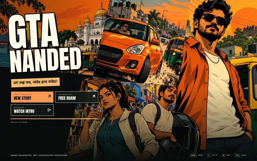 GTA Nanded’s title screen: an illustrated poster of the city and its riders beside the menu for a new story, free roam and the intro.