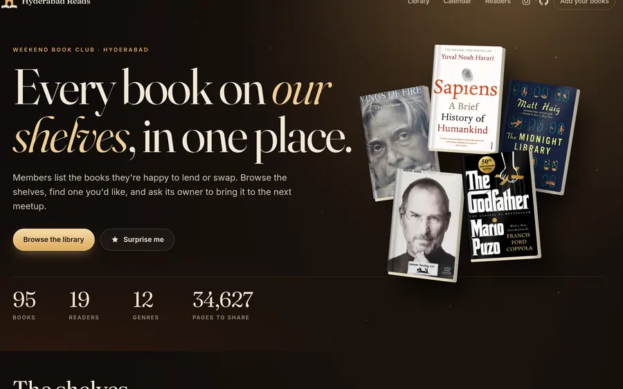 Hyderabad Reads’ homepage: “Every book on our shelves, in one place.”, beside a stack of book covers and counts of books, readers and genres.