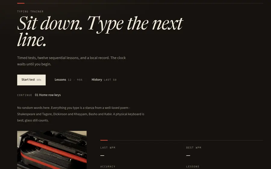 Typeflow’s homepage: “Sit down. Type the next line.”, with buttons for a timed test, lessons and history.